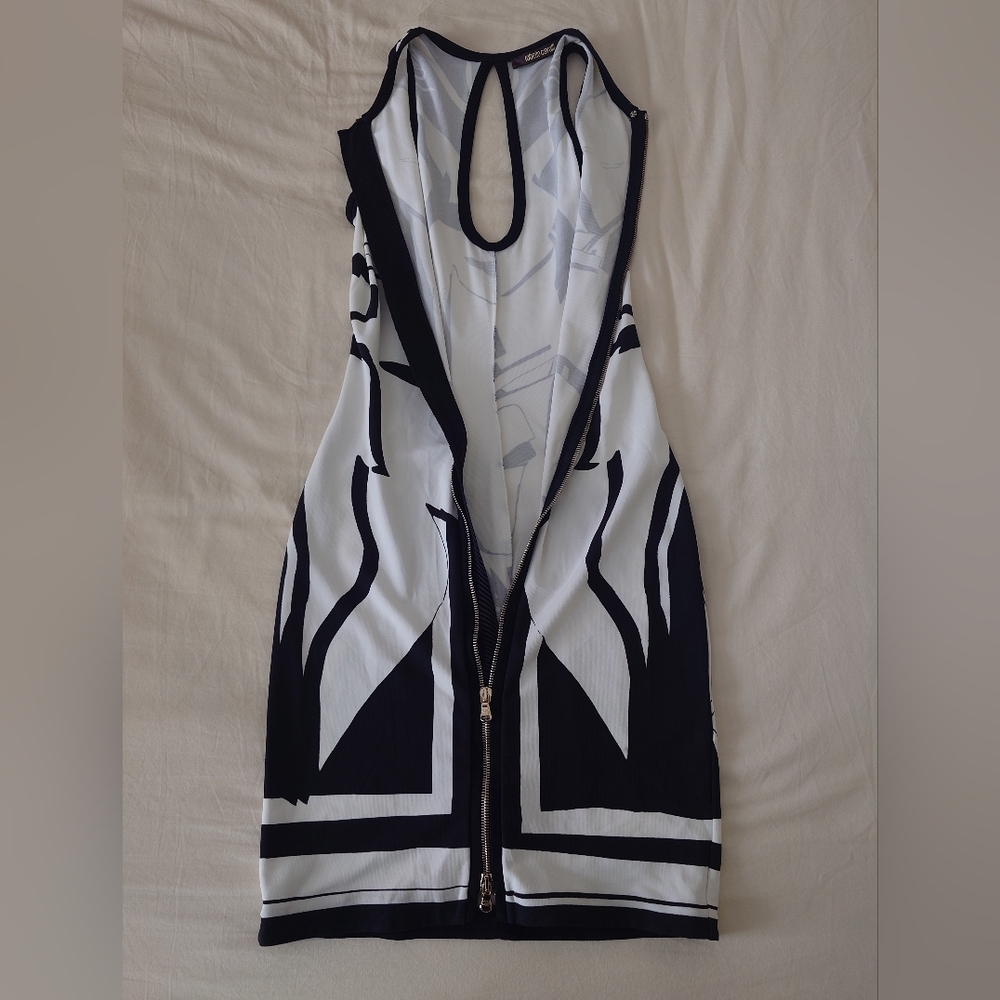 FLAW Zip-up ROBERTO CAVALLI Runway Leaves Print Black White Short Dress Mini 38 - Picture 13 of 16